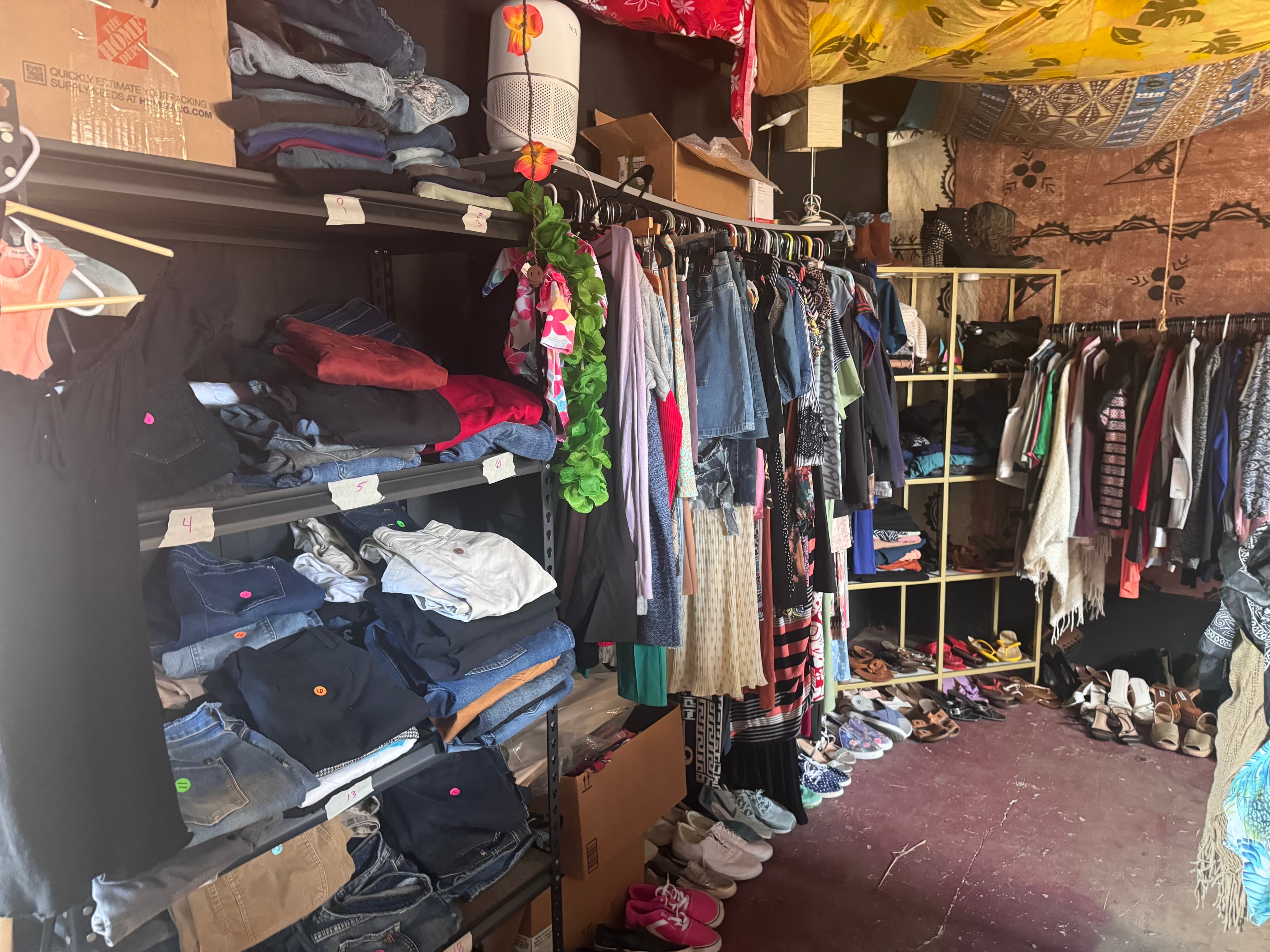Clothes racks in thrift store